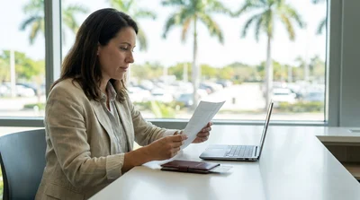 Person holding a document next to a white car rental vehicle parked under sunny palm trees in Miami