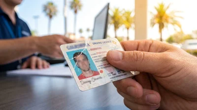 Close up of hands holding a damaged driving licence at a car rental desk in California