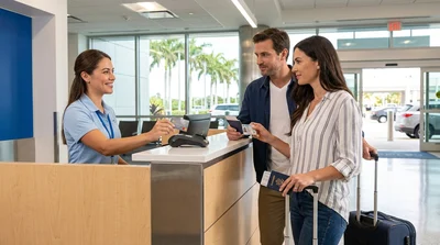 Customer presenting documents and a credit card at an Orlando airport car rental counter
