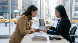 Customer reviewing insurance paperwork at a car rental desk in New York