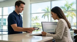 A customer handing a UK driving licence to an agent at a car hire desk in Florida