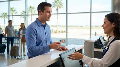 Customer presenting a driving license at a car rental counter in Texas