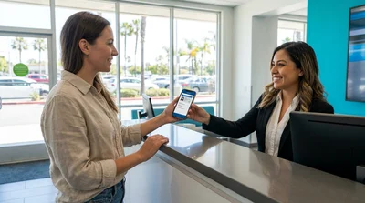 Person showing a digital driving licence on a smartphone at a California car rental counter