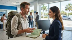 Person handing a UK paper driving licence to an agent at a car rental desk in Florida