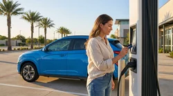 Driver plugging a charging cable into a white electric car rental at a sunny station in Texas