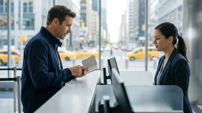 Close-up of a person holding a passport and keys at a New York car hire counter
