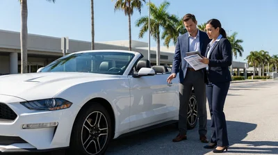 Person inspecting the front bumper of a car rental vehicle in a sunny Florida parking lot