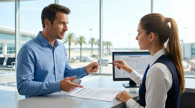 Customer handing an ID card to an agent at a car rental desk in Miami