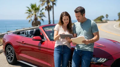 White car rental parked on a scenic coastal highway overlooking the ocean in California