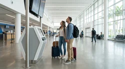 Travelers at a brightly lit car rental desk inside the Miami Airport centre