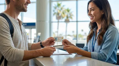 Customer presenting a driving licence to an agent at a California car rental counter