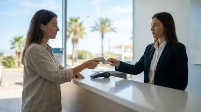 Customer handing a credit card to an agent at an Orlando car hire desk