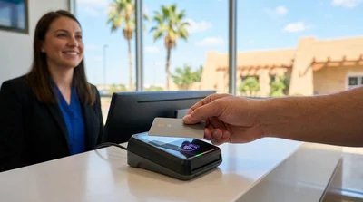 Person tapping a contactless credit card on a terminal at a car rental desk in Texas