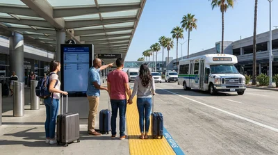 Passengers with luggage boarding a car rental shuttle bus outside the LAX airport terminal in Los Angeles