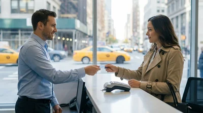 Customer handing a credit card to an agent at a car hire desk in New York