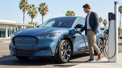 White electric car rental plugged into a charging station on a sunny street in California