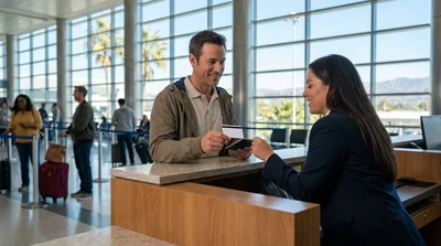 Customer handing a driver's license to an agent at a car hire desk in Los Angeles