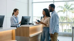 Customer receiving keys at a car hire desk in a sunny Florida airport