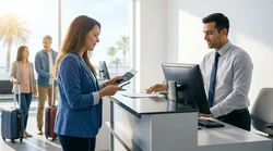 A customer receiving keys from an agent at a car rental desk in California