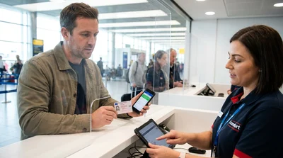 Customer receiving vehicle keys at a car rental counter in Pennsylvania