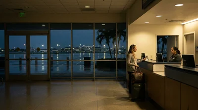 Illuminated car rental parking lot at night with a parked white sedan outside Miami airport