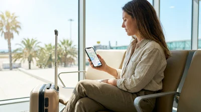 Person checking a smartphone map app inside a car rental parked under sunny palm trees in Florida