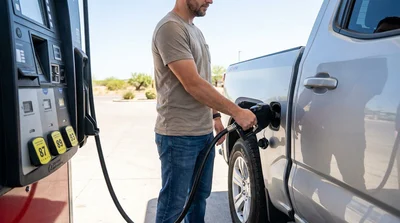 Person pumping gas into a white car rental at a Texas gas station