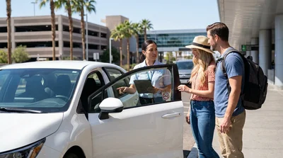 Customer at a Las Vegas car rental desk with a no smoking sign on the counter