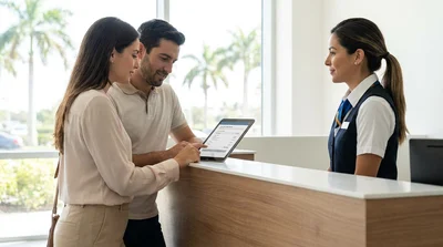 Person reviewing a car hire document on a desk next to keys and an Orlando map