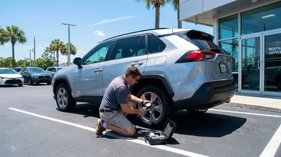 Driver inspecting the tyre and wheel of a car rental parked on a sunny street in Florida