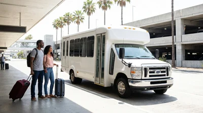 Travelers with luggage boarding a car rental shuttle outside Terminal 4 at LAX in Los Angeles