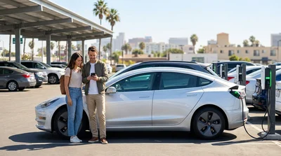 Modern electric car rental charging on a sunny palm tree lined street in Los Angeles