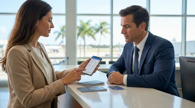 A traveler handing paperwork to an agent at a car rental desk in Miami