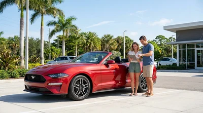 A person driving a white car rental along a sunny coastal highway lined with palm trees in Florida
