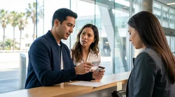 Close up of a customer handing an ID and credit card to a car rental agent in Los Angeles