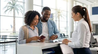 Traveler showing a passport and tickets at a car rental counter in Orlando