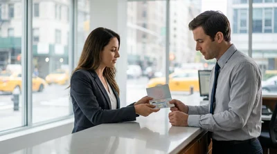 Person holding a passport and keys at a car rental counter in New York