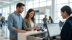 Person inserting a credit card into a payment terminal at a car rental counter in the United Estates