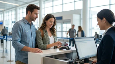 Person inserting a credit card into a payment terminal at a car rental counter in the United Estates