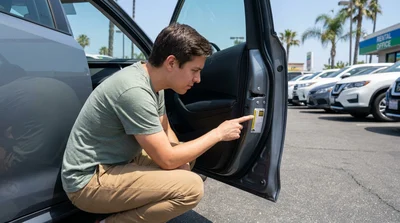 Person checking a tire pressure sticker on the open door of a car rental parked on a sunny street in California
