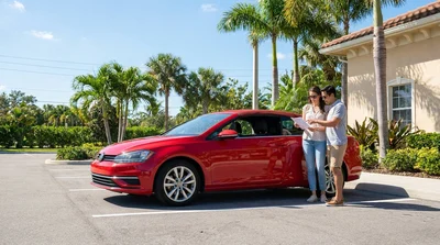 Silver car rental driving down a sunny coastal highway in Florida lined with palm trees