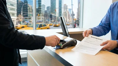 Customer handing a credit card to an agent at a car hire desk in New York