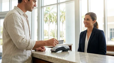 Person handing a credit card to an agent at a car hire counter in Miami