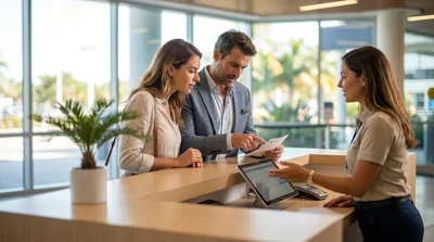 A customer reading a paper document at a bright car hire counter in Miami
