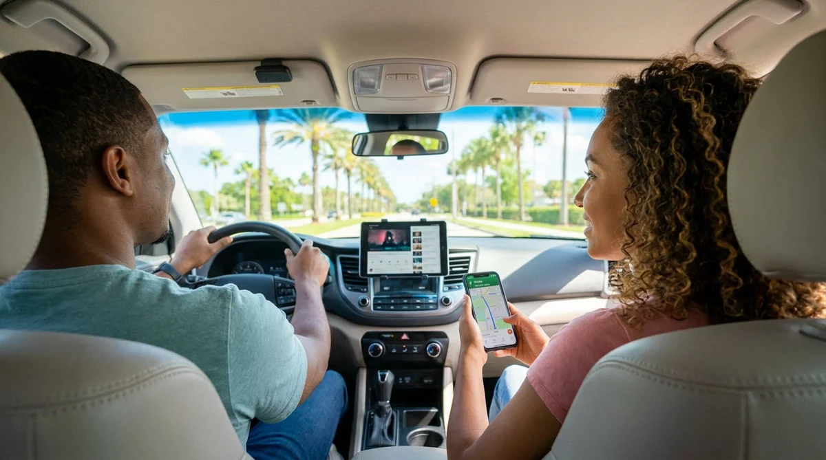 Glowing navigation map on a phone screen inside a car hire parked on a sunny street in Orlando