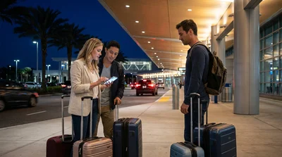 Traveler with luggage standing at a brightly lit car hire desk in Orlando at night