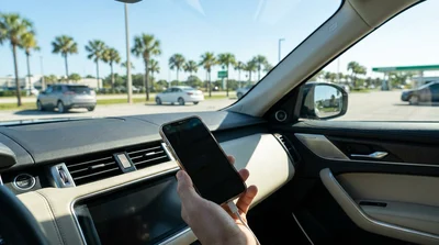 Close-up of a smartphone plugged into a USB-C port on the dashboard of a car rental in Orlando