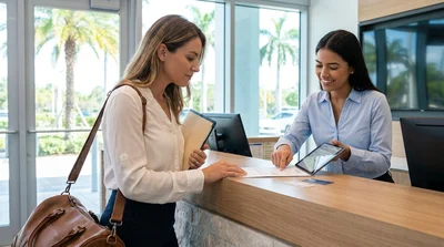 Close up of a person reviewing documents and keys at a Florida car rental counter