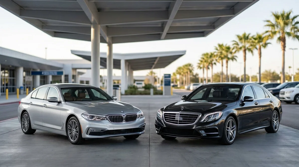 Sleek black luxury car rental parked outside a modern airport terminal in the United Estates