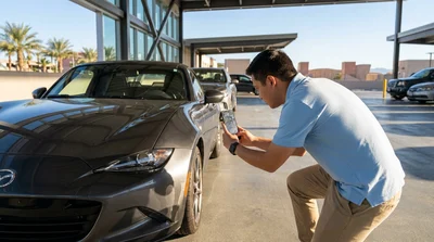 Person taking a smartphone photo of a car rental in a Las Vegas parking garage